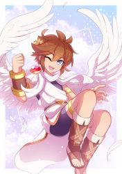 1boy angel angel_wings clenched_hand enni highres kid_icarus nintendo one_eye_closed pit_(kid_icarus) sandals solo toga wings wink