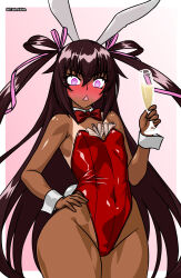 1girl :&lt; alternate_costume animal_ears bare_shoulders blush breastless_clothes breasts brown_hair cameltoe cup curvy detached_collar embarrassed fake_animal_ears frontal_wedgie hair_between_eyes hair_ribbon hairband hand_on_own_hip hands_on_own_chest highleg highleg_leotard highres holding holding_cup itakeabite leotard long_hair long_twintails looking_at_viewer medium_breasts mizuki_yukikaze money nipples official_alternate_costume one-piece_tan open_mouth pink_ribbon playboy_bunny purple_eyes rabbit_ears red_hairband red_leotard revealing_clothes ribbon shiny_skin smile solo standing strapless strapless_leotard taimanin_(series) taimanin_yukikaze tan tanline thighs thong_leotard tucked_money very_long_hair wedgie wide_hips