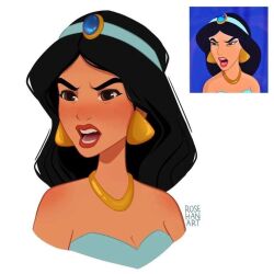 Rule 34 | 1girl, aladdin (movie), artist request, bare shoulders, black hair, brown eyes, brown hair, commentary request, dark-skinned female, dark skin, earrings, jasmine (disney), jewelry, long hair, looking at viewer, non-web source, off shoulder, reference inset, shirt, solo, source request, very long hair