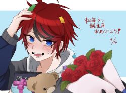 1boy ahoge black_hair blue_background blue_eyes blush bouquet box confetti flower gift gift_box hair_between_eyes hand_up japanese_text looking_at_viewer male_focus messy_hair multicolored_hair open_mouth red_hair simple_background solo solo_focus stuffed_animal stuffed_toy sumino_takumi teddy_bear teeth the_hundred_line_-last_defense_academy- tongue translation_request upper_body