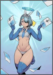 1girl absurdres arona_(blue_archive) blue_archive blue_background blue_boots blue_eyes blue_hair blue_shrug boots bow_hairband bra braid breasts colored_inner_hair commentary english_commentary furrowed_brow hair_over_one_eye hairband halo highres looking_at_viewer multicolored_hair navel panties pink_hair robotboy_22 short_hair single_braid small_breasts solo standing standing_on_one_leg thigh_boots thighs underwear white_bra white_hairband white_panties