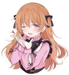 Rule 34 | 1girl, arm cutout, black bow, black ribbon, bow, cooking with love, cropped torso, frilled shirt collar, frills, hair between eyes, hair ribbon, heart, highres, jirai kei, konoe kanata, long hair, long sleeves, looking at viewer, love live!, love live! nijigasaki high school idol club, notyu maru, one eye closed, open mouth, pink shirt, purple eyes, ribbon, shirt, sidelocks, solo, upper body, white background