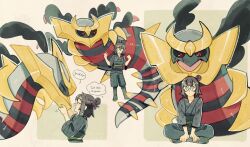 1girl abstract_background ange_(angeban93) behind_another black_hair black_sash black_sclera blue_eyes closed_eyes closed_mouth colored_sclera commentary commission creatures_(company) english_commentary english_text full_body game_freak gen_4_pokemon giratina giratina_(origin) glasses grey_footwear grey_kimono hand_on_another&#039;s_face highres japanese_clothes kimono legendary_pokemon medium_hair nintendo open_mouth pokemon pokemon_(creature) pokemon_kimono_(legends) pokemon_legends:_arceus purring red_eyes sash speech_bubble square thought_bubble