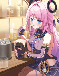 1girl beer_mug blue_eyes blue_leotard blush breasts citlali_(genshin_impact) commentary_request cup facial_mark floating_headgear genshin_impact hatae0226_(hty) headgear highres holding holding_cup indoors large_breasts leotard long_hair looking_at_viewer mug open_mouth pink_hair ring_hair_ornament sitting solo triangle triangle_facial_mark