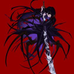 1girl arachne arthropod_girl closed_eyes closed_mouth coat e.g.o_(project_moon) highres holding holding_sword holding_weapon hua_er insect_girl limbus_company long_hair long_sleeves monster_girl ootachi project_moon purple_coat purple_hair red_background red_eyes_(e.g.o) ryoshu_(project_moon) silk simple_background solo spider_girl spider_web sword taur very_long_hair weapon