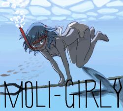 1girl air_bubble bad_drawr_id bad_id barefoot bikini blue_eyes blue_hair breasts bubble caustics character_request cleavage copyright_request diving diving_mask fish freediving full_body goggles legs looking_at_viewer megamegaglass oekaki short_hair small_breasts snorkel solo swimming swimsuit underwater yellow_bikini