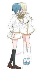 Rule 34 | 2girls, absurdres, black socks, blonde hair, blue hair, blue shirt, blue shoes, blush, bow, bowtie, brown bow, brown bowtie, brown shoes, closed eyes, collared shirt, commentary request, highres, jacket, kiss, kneehighs, konohana hikari, konopya, mary janes, multiple girls, ootori amane, school uniform, shirt, shoes, short hair, simple background, skirt, socks, strawberry panic!, white background, white jacket, white skirt, white socks, yuri