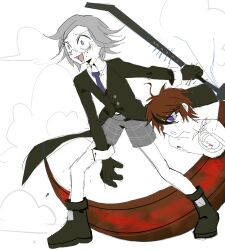 2boys ahoge alternate_costume aotsuki_eito black_bow black_gloves black_hair black_jacket blue_eyes blush bow cut_in_half glasses gloves grey_hair highres holding holding_scythe holding_weapon jacket male_focus messy_hair multicolored_eyes multicolored_hair multiple_boys necktie open_mouth parted_hair red_eyes red_hair scythe shorts simple_background sumino_takumi the_hundred_line_-last_defense_academy- weapon white_background