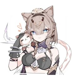 1girl absurdres animal_ear_fluff bikini black_bikini black_gloves blue_eyes breasts brown_hair can_(honkai_impact) cat_girl cat_tail cleavage commentary_request error1980 gloves green_eyes heterochromia highres honkai_(series) honkai_impact_3rd large_breasts pardofelis pardofelis_(reverist_calico) short_hair simple_background swimsuit tail tongue tongue_out upper_body white_background