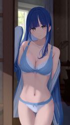 1girl absurdres blue_bra blue_hair blurry blurry_background blush bra breasts cleavage closed_mouth collarbone commentary cowboy_shot doorway highres inaka_44 indoors layered_bra lingerie long_hair looking_at_viewer medium_breasts navel original paid_reward_available panties purple_eyes solo symbol-only_commentary underwear