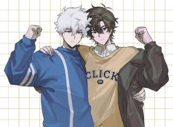 Rule 34 | 2boys, antenna hair, arm around shoulder, arm around waist, arm up, black eyes, black hair, black jacket, blue sweater, brown hair, cheng xiaoshi, clenched hand, closed mouth, clothes writing, collared shirt, english text, grey eyes, hair between eyes, hand on another&#039;s hip, hand on another&#039;s shoulder, hand up, jacket, justjust monika, long sleeves, looking at viewer, lu guang, male focus, messy hair, multiple boys, official alternate costume, open clothes, open jacket, shiguang dailiren, shirt, short hair, simple background, smile, sweater, upper body, white background, white hair, white shirt, yaoi, yellow sweater