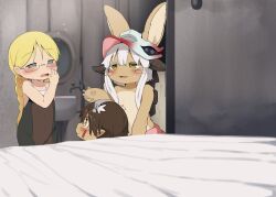 1boy 2girls animal_ears blonde_hair body_fur dagasi furry furry_female glasses green_eyes hat highres indoors looking_at_another made_in_abyss multiple_girls nanachi_(made_in_abyss) reg_(made_in_abyss) riko_(made_in_abyss) sleepy