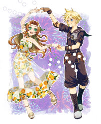 1boy 1girl aerith_gainsborough aerith_gainsborough_(citric_dress) armor bare_shoulders black_sailor_collar black_shirt black_shorts blonde_hair blue_eyes boots border bracelet breasts brown_footwear brown_gloves brown_hair cleavage cloud_print cloud_strife cloud_strife_(maritime_sailor) couple dancing dress earrings elbow_pads final_fantasy final_fantasy_vii final_fantasy_vii_ever_crisis fingerless_gloves firework_background fireworks food-themed_earrings food_print food_themed_earrings fruit_print full_body gloves gold_armlet gold_belt gold_choker gold_footwear green_eyes green_ribbon hair_ribbon half_updo happy hetero holding_hands jewelry jo_ro_ri leather_armor long_dress long_hair looking_at_another medium_breasts multiple_bracelets multiple_rings official_alternate_costume open_mouth orange-shaped_earrings orange-shaped_ornament orange_print parted_bangs print_dress purple_background ribbon ring sailor_collar see-through_clothes see-through_skirt shirt short_hair short_sleeves shorts shoulder_armor side_slit sidelocks single_elbow_pad single_glove skirt smile spiked_hair strapless strapless_dress toeless_footwear twitter_username white_border