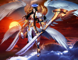 1boy above_clouds angel armor black_hair blade cloud dual_wielding genzoman halo holding holding_sword holding_weapon lucifer_(mythology) multiple_wings mythology shoulder_armor solo sword the_bible weapon wings