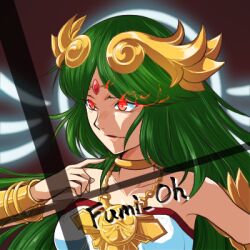 1girl alternate_eye_color artist_name chain circlet collarbone fumio_(fumifumi) glowing glowing_eyes gold_chain green_hair kid_icarus kid_icarus_uprising lowres nintendo palutena red_eyes solo super_smash_bros. upper_body