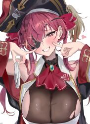 1girl absurdres bare_shoulders bicorne black_hat black_leotard blush breasts cleavage eyepatch finger_to_cheek gloves hat haze_(ohw8g) heart highres holding_gloves holding_unworn_clothes hololive houshou_marine houshou_marine_(1st_costume) large_breasts leotard looking_at_viewer pirate_hat red_eyes red_hair see-through_cleavage see-through_clothes simple_background smile solo sparkle torn_clothes torn_leotard twintails unworn_gloves upper_body virtual_youtuber white_background