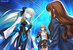 3girls black_bow blue_eyes bow brown_eyes brown_hair d12-nelth fate/grand_order fate_(series) grey_hair hair_between_eyes hair_bow honkai:_star_rail honkai_(series) ishikawa_yui kishinami_hakuno_(female) long_hair long_sleeves looking_at_viewer morgan_le_fay_(fate) multiple_girls parody pleated_skirt ponytail skirt stelle_(honkai:_star_rail) style_parody takeuchi_takashi_(style) trailblazer_(honkai:_star_rail) very_long_hair voice_actor_connection white_hair yellow_eyes