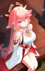 1girl absurdres animal_earrings animal_ears bare_legs bare_shoulders blush breasts closed_mouth cup detached_sleeves electro_symbol_(genshin_impact) feet_out_of_frame fox_ears fox_girl genshin_impact hair_between_eyes hair_ornament highres holding holding_cup hyujjo japanese_clothes large_breasts long_hair long_sleeves looking_at_viewer looking_up low-tied_long_hair nontraditional_miko pink_hair purple_eyes sakazuki shirt sitting sleeveless sleeveless_shirt smile vision_(genshin_impact) wide_sleeves yae_miko