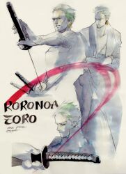 Rule 34 | 1boy, absurdres, character name, commentary, earrings, green hair, highres, holding, holding sword, holding weapon, japanese clothes, jewelry, kimono, male focus, multiple views, one eye closed, one piece, popsweetyio, roronoa zoro, sash, scar, scar across eye, scar on face, short hair, signature, simple background, sword, weapon