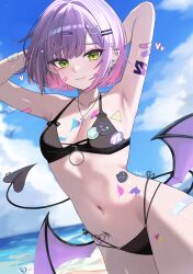 Rule 34 | 1girl, :3, absurdres, alternate costume, armpits, arms behind head, arms up, bandaid, bandaid on arm, bandaid on cheek, bandaid on face, bandaid on hip, barbell piercing, beach, bikini, black bikini, blue sky, breasts, cleavage, closed mouth, cloud, commentary, cowboy shot, cross, cross earrings, cross necklace, day, demon girl, demon tail, demon wings, ear piercing, earrings, english commentary, gradient hair, green eyes, hair ornament, hairclip, halterneck, highleg, highleg bikini, highres, hip tattoo, hololive, industrial piercing, jewelry, kkato, looking at viewer, low wings, multi-strapped bikini bottom, multicolored hair, navel, navel piercing, necklace, o-ring, o-ring bikini, outdoors, parallel hairclips, piercing, pink hair, pointy ears, purple hair, short hair, side-tie bikini bottom, sky, small breasts, solo, stomach, swept bangs, swimsuit, tail, tail ornament, tail piercing, tokoyami towa, virtual youtuber, winged heart tattoo, wings