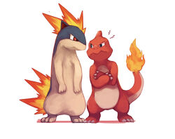 charmeleon claws closed_mouth commentary crossed_arms eye_contact fire flame-tipped_tail frown gen_1_pokemon gen_2_pokemon glaring highres looking_at_another lower_(lowerkuo) nintendo no_humans pokemon pokemon_(creature) quilava red_eyes standing tail