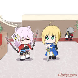 1boy 3girls absurdres ahoge archer_(fate) archer_(honkai:_star_rail)_(fate) artist_name artoria_pendragon_(fate) blonde_hair chibi crossover excalibur_(fate/stay_night) fate/stay_night fate/unlimited_blade_works fate_(series) highres holding holding_sword holding_weapon honkai:_star_rail honkai_(series) march_7th_(honkai:_star_rail) marin_liekuriva multiple_girls saber_(fate) saber_(honkai:_star_rail)_(fate) signature stelle_(honkai:_star_rail) sword trailblazer_(honkai:_star_rail) weapon