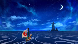 boat cloud commentary crescent_moon english_commentary facing_away island kloir link moon mountain night nintendo ocean scenery sky star_(sky) starry_sky the_king_of_red_lions the_legend_of_zelda the_legend_of_zelda:_the_wind_waker toon_link water watercraft