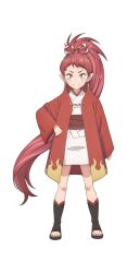 1girl akahane_(fuguushoku_&quot;kanteishi&quot;_ga_jitsu_wa_saikyou_datta) anime_coloring clenched_hands closed_mouth elf fuguushoku_&quot;kanteishi&quot;_ga_jitsu_wa_saikyou_datta hair_ribbon hakama hakama_short_skirt hakama_skirt hand_on_own_hip haori high_ponytail highres japanese_clothes kimono long_hair long_sleeves looking_at_viewer obi pointy_ears ponytail red_eyes red_hair red_haori ribbon sakimoto_sayuri sash simple_background skirt smile solo standing striped_ribbon tabi transparent_background tsurime v-shaped_eyebrows very_long_hair white_kimono