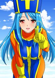 Rule 34 | 1girl, :d, absurdres, anime coloring, bent over, blue hair, blue sky, blue tabard, bodysuit, breasts, cloud, commentary request, cowboy shot, dragon quest, dragon quest iii, gloves, hand on own thigh, hat, highres, index finger raised, large breasts, leaning forward, long hair, looking at viewer, magic, mitre, open mouth, orange bodysuit, pointing, pointing at viewer, priest (dq3), red eyes, sky, smile, solo, tabard, yellow gloves, yuuyuu (3jjbn)