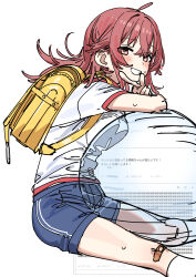 1girl absurdres against_glass ahoge backpack bag ball bandaid blush breast_press exercise_ball haruyuki_(gffewuoutgblubh) highres idolmaster idolmaster_shiny_colors komiya_kaho long_hair looking_at_viewer on_floor orb randoseru red_eyes red_hair request_inset shirt short_sleeves shorts sitting smile solo sweat transparent v wet white_background white_shirt