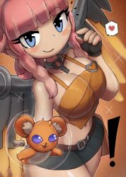 ! 1girl :3 absurdres animal belt black_gloves black_skirt blizzard_(company) blue_eyes blush braid breasts brown_belt character_request choker cleavage collarbone creature crown_braid fingerless_gloves gloves heart highres large_breasts long_hair looking_at_viewer mechanical_wings mercy_(overwatch) midriff navel open_mouth orange_background orange_fur orange_shirt overwatch pink_hair shirt skirt sleeveless sleeveless_shirt smile sparkle speech_bubble spoken_heart standing thick_thighs thighs tony_welt twin_braids wide_hips wings