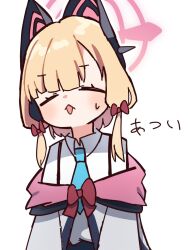 Rule 34 | 1girl, animal ear headphones, animal ears, blonde hair, blue archive, blue necktie, blush, bow, cat ear headphones, cat ears, closed eyes, collared shirt, commentary request, fake animal ears, hair bow, halo, headphones, jacket, low-tied sidelocks, momoi (blue archive), multicolored jacket, necktie, off shoulder, open mouth, outline, pink halo, pink jacket, red bow, sasami (user hjwc8354), school uniform, shirt, short hair, short hair with long locks, sidelocks, simple background, solo, suspenders, sweatdrop, translation request, upper body, white background, white jacket, white outline, white shirt