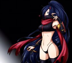 1girl ahoge alternate_costume arm_guards armor armpits assassin black_gloves blue_eyes blue_hair breasts covered_mouth elbow_gloves expressionless fingerless_gloves gloves hair_ornament hair_over_one_eye hair_tie heart holding holding_knife knife long_hair looking_down medium_breasts navel original pointy_ears red_scarf scarf shadow_dancer_(dungeon_and_fighter) shiny_skin shuriken solo thief_(dungeon_and_fighter) thighhighs underwear underwear_only very_long_hair weapon zipper