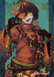 1boy :d braid brown_hair chinese_clothes choma0215 colored_skin commentary_request fangs glowing glowing_eye grey_skin guan_hat hair_between_eyes highres limbus_company long_hair male_focus mian_guan multiple_braids one_eye_covered open_mouth project_moon smile solo talisman tongue tongue_out twitter_username upper_body very_long_hair xue_pan_(project_moon) yellow_eyes