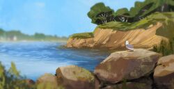 artist_name bird blue_sky commentary day lake no_humans original outdoors rock scenery signature sky tree water zandra
