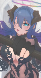 Rule 34 | 1girl, ;p, arknights, black gloves, black horns, blue eyes, blue hair, blue halo, breasts, chronopattern dress, closed mouth, commentary request, gloves, hair between eyes, hair intakes, halo, holding, horns, kana (4276zero), large breasts, light blush, long hair, looking at viewer, meme attire, mostima (arknights), multicolored halo, one eye closed, partially fingerless gloves, pink halo, rainbow halo, revealing clothes, solo, sparkle, tongue, tongue out, traditional halo