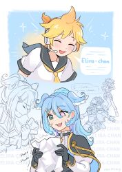 1boy 1girl :d aqua_eyes blue_hair blush capelet closed_eyes commentary cross-shaped_pupils crossover crumpled_paper elira_pendora embarrassed english_commentary english_text flustered hair_between_eyes headset heterochromia high_ponytail highres kagamine_len kneeling long_hair mootecky multiple_views neckerchief nijisanji nijisanji_en nijisanji_idol_uniform open_mouth ponytail purple_eyes school_uniform serafuku shaking short_hair smile sound_effects sparkle speech_bubble symbol-shaped_pupils virtual_youtuber vocaloid wavy_mouth yellow_neckerchief