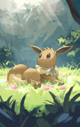 Rule 34 | bandana, bandana around neck, blurry, blurry background, body fur, brown eyes, brown fur, eevee, flower, gen 1 pokemon, grass, highres, looking up, nintendo, pokemon, pokemon (creature), pokemon mystery dungeon, solo, sunlight, yamaori (hakkentai pokedan)