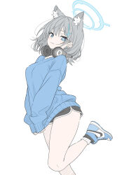 1girl air_jordan alternate_costume animal_ear_fluff animal_ears black_shorts blue_archive blue_eyes blue_halo blue_sweater blush bright_pupils closed_mouth clothes_tug commentary cross cross_hair_ornament dolphin_shorts earrings extra_ears flat_color grey_hair hair_ornament halo headphones headphones_around_neck highres inverted_cross jewelry long_sleeves looking_at_viewer mismatched_pupils nike_(company) puffy_long_sleeves puffy_sleeves shiroko_(blue_archive) short_hair short_shorts shorts simple_background sleeves_past_wrists smile socks solo stud_earrings sweater sweater_tug t1kosewad thighs white_background white_pupils white_socks wolf_ears wolf_girl