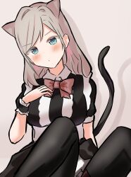Rule 34 | 1girl, absurdres, alternate costume, animal ears, black dress, black pantyhose, black wrist cuffs, blue eyes, blush, bow, bowtie, breasts, brown bow, brown bowtie, cat ears, cat girl, cat tail, ceras yanagida lilienfeld, closed mouth, collared dress, dress, drop shadow, enmaided, feet out of frame, frilled wrist cuffs, frills, grey hair, hair intakes, head tilt, highres, hisho (rythm hisho), kemonomimi mode, large breasts, link! like! love live!, looking at viewer, love live!, maid, pantyhose, short sleeves, sitting, solo, swept bangs, tail, underbust, v-shaped eyebrows, virtual youtuber, wrist cuffs