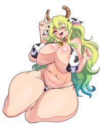 1girl absurdres animal_ears animal_print bikini black_bikini blonde_hair breasts collar collarbone covered_erect_nipples cow_ears cow_print cow_print_bikini dragon_girl dragon_horns eyebrows_hidden_by_hair eyelashes fake_animal_ears feet_out_of_frame female_focus green_eyes green_hair hands_up highres horns huge_breasts kobayashi-san_chi_no_maidragon leaning_to_the_side long_hair looking_at_viewer lucoa_(maidragon) miyako.noh multicolored_bikini multicolored_hair navel neck_bell one_eye_closed open_mouth print_bikini red_collar simple_background sitting smile solo swimsuit teeth thick_thighs thighs two-tone_bikini two-tone_hair upper_teeth_only variant_set w white_background white_bikini wide_hips yokozuwari