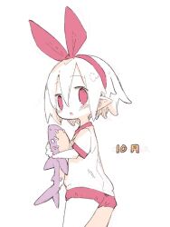 1girl blush disgaea hairband harada_takehito highres limited_palette looking_at_viewer open_mouth original pleinair pointy_ears red_eyes same-san shirt short_hair shorts sketch solo stuffed_animal stuffed_shark stuffed_toy white_hair