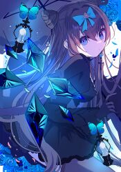 1girl absurdres arcaea black_dress black_gloves blue_eyes breasts closed_mouth clover_39 cone_hair_bun dress gloves hair_bun hair_ribbon highres juliet_sleeves long_sleeves looking_at_viewer medium_breasts puffy_sleeves ribbon sideboob solo tairitsu_(arcaea)