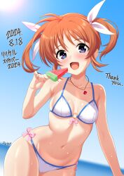 Rule 34 | 1girl, 2024, absurdres, bare shoulders, bikini, blush, bow, breasts, brown hair, collarbone, dated, day, dot nose, english text, food, hair ribbon, highres, holding, holding food, holding ice cream, ice cream, japanese text, legs, looking at viewer, lyrical nanoha, mahou shoujo lyrical nanoha, medium breasts, navel, open mouth, outdoors, raising heart, ribbon, solo, swimsuit, takamachi nanoha, translation request, water, wet, yukikaze 0721