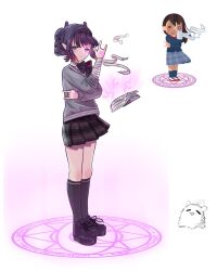 1girl \m/ \n/ ao-chan_(ninomae_ina&#039;nis) bandaged_arm bandages black_bow black_bowtie black_eyes black_hair black_skirt blunt_bangs book bow bowtie chuunibyou commentary diamond_hairband english_commentary eyepatch floating floating_book floating_object grey_sweater hand_tattoo heterochromia highres hololive hololive_english irasutoya irasutoya_challenge looking_at_viewer magic_circle medical_eyepatch mole mole_under_eye ninomae_ina&#039;nis ninomae_ina&#039;nis_(school_uniform) official_alternate_costume official_alternate_hairstyle open_book pink_eyes plaid_clothes plaid_skirt pleated_skirt pointy_ears seekorplatypus simple_background skirt smile solo standing sweater takodachi_(ninomae_ina&#039;nis) tattoo unworn_eyepatch virtual_youtuber white_background