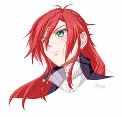 1girl ahoge artist_name celis_ortesia eiyuu_densetsu floating_hair green_eyes hair_between_eyes kuro_no_kiseki_(series) kuro_no_kiseki_i long_hair parted_bangs portrait red_hair sidelocks simple_background solo white_background xiacheng_tatsuya