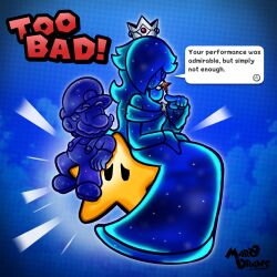 Rule 34 | 1boy, 1girl, artist logo, cosmic mario, cosmic spirit, earrings, facial hair, highres, jewelry, logo, mario (series), marodraws, mustache, nintendo, overalls, pointing, sitting, speech bubble, star (symbol), star earrings, super mario galaxy, super mario galaxy 2, super star (mario)