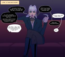 1girl aqua_eyeshadow black_boots black_jacket black_pantyhose boots claw_(weapon) crossed_legs dialogue_box earrings english_text evelynn_(league_of_legends) eyeshadow fake_claws hair_horns highres hoop_earrings jacket jewelry k/da_all_out_evelynn league_of_legends long_hair looking_at_viewer makeup orange_eyes pantyhose peppr_n&#039;_salt sitting speech_bubble weapon white_hair