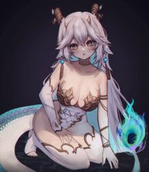 1girl absurdres bare_shoulders black_background blue_nails breasts brown_eyes cleavage colored_inner_hair dragon_girl dragon_horns dragon_tail fiery_tail highleg highleg_leotard highres horns indie_virtual_youtuber large_breasts leaning_forward leotard long_hair looking_at_viewer multicolored_hair multicolored_tail multiple_horns pointy_ears seiza sitting sky_above_me solo tail thighhighs vei_(vtuber) vei_(vtuber)_(sky_empress) very_long_hair virtual_youtuber white_hair white_thighhighs