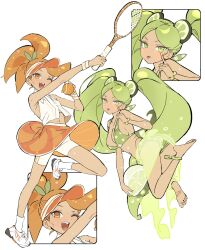 2girls :p ;d akanbe ankle_socks anklet ass ball bare_arms bare_legs bare_shoulders barefoot bikini blush bracelet breasts closed_mouth collared_shirt commentary cookie_run cookie_run:_ovenbreak dot_nose double_vertical_stripe eyelid_pull flat_chest food-themed_hair food-themed_hair_ornament frown full_body green_bikini green_eyes green_hair green_sarong hair_behind_ear hair_ornament high_ponytail highres holding holding_ball holding_tennis_racket humanization jewelry large_breasts lime_cookie lime_hair_ornament long_hair looking_at_viewer looking_back multiple_girls navel ohta_guk_hip one_eye_closed open_mouth orange_cookie orange_hair orange_skirt parted_bangs polka_dot polka_dot_bikini ponytail racket sarong see-through_clothes see-through_sarong shirt shorts shorts_under_skirt simple_background skirt sleeveless sleeveless_shirt smile socks standing standing_on_one_leg sweat swimsuit symbol-only_commentary teeth tennis_ball tennis_racket tongue tongue_out twintails upper_teeth_only v-shaped_eyebrows very_long_hair white_background white_footwear white_shirt white_shorts white_sneakers white_socks wristband